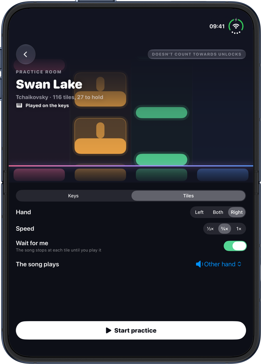 The practice room for Swan Lake on an iPhone Duo: choices for the hand, the speed, Wait for me and what the song plays